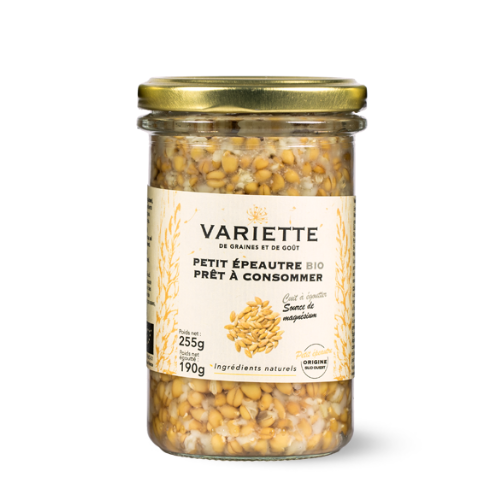 Petit épeautre BIO cuit à l’eau et au Sel de Guérande, prêt à consommer.